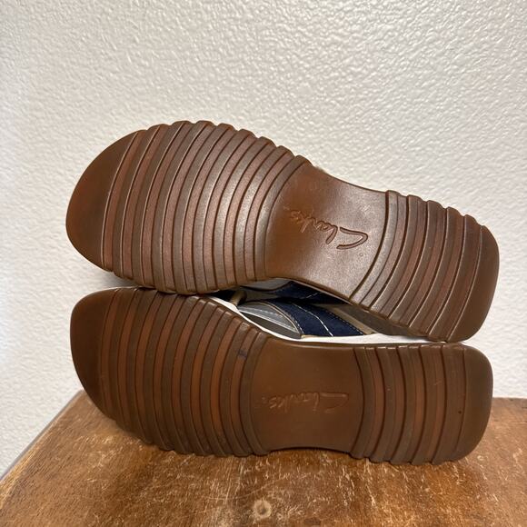 Clarks Womens Canvas Sandals Slide Open Toe Comfort Adjustable Band Blue Tan 6 - Picture 5 of 9